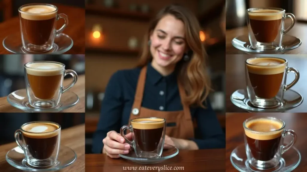 Photocollage showcasing different variations of ristretto shots in glass cups, with a barista preparing one in an Italian coffee shop