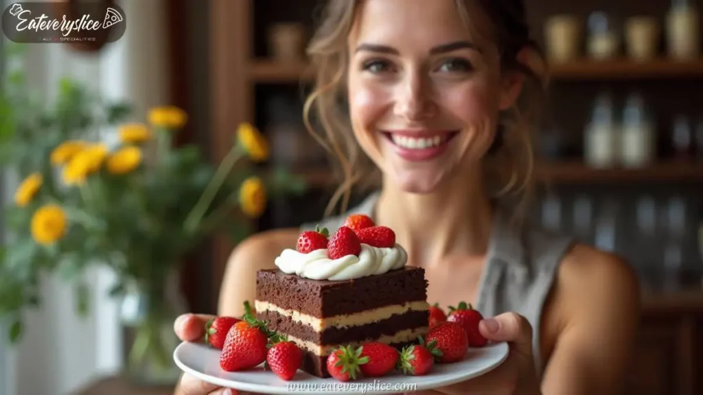 Eat Every Slice Beautiful women serving Torta La Caprese White Choclate