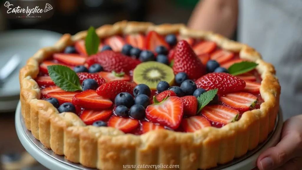 Italian crostata recipes topped with fresh strawberries, blueberries, kiwi, and mint leaves on a golden flaky crust