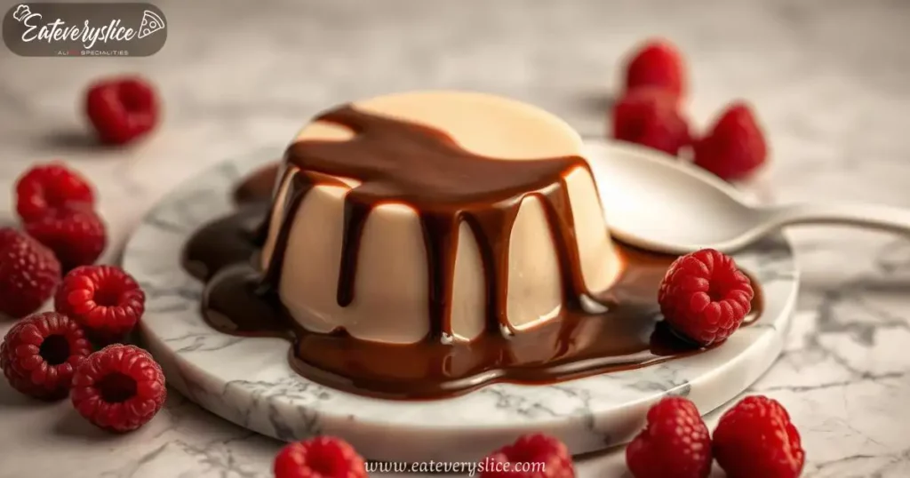 A rich and creamy chocolate panna cotta sits on a marble slab, drizzled with chocolate sauce and garnished with fresh raspberries. A white porcelain spoon rests beside it, ready for indulgence.