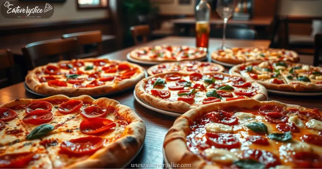 A rustic Italian table filled with an assortment of pizza combos, featuring golden crusts, bubbly mozzarella, and vibrant toppings. The warm ambiance of a cozy trattoria enhances the inviting atmosphere, with wooden accents and soft lighting.