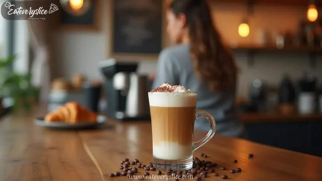 A beautifully layered Latte Macchiato in a clear glass cup, showcasing espresso, steamed milk, and foam, in a cozy coffee shop setting with a barista preparing drinks in the background.