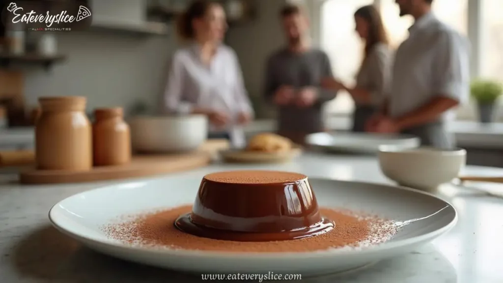 A beautifully plated chocolate panna cotta with a rich texture, dusted with cocoa powder, surrounded by neutral kitchen utensils. Casual people chat in the blurred background, with soft, natural lighting enhancing the inviting atmosphere.