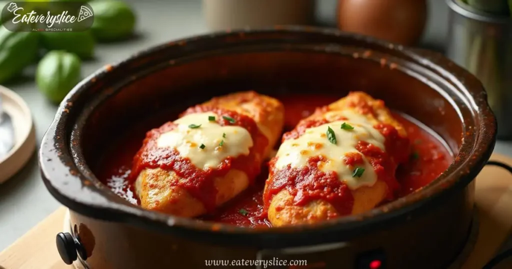 Golden-brown chicken breasts in a rustic crockpot with bubbling tomato sauce and melted mozzarella cheese, topped with fresh basil.