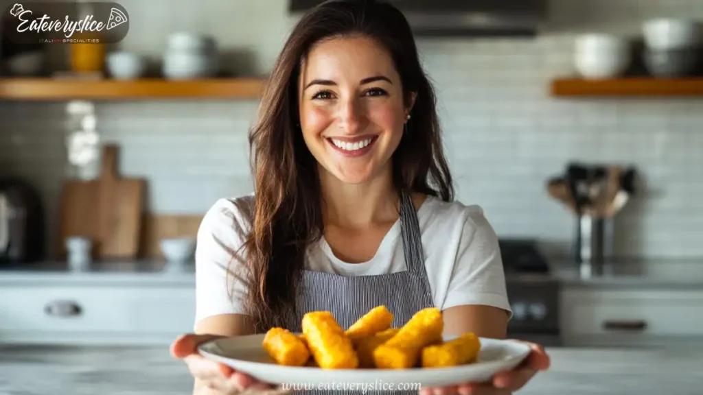 Eat every slice - A proud woman in a modern kitchen presenting a plate of golden, crispy fried polenta fries, with warm natural light highlighting the dish’s texture.