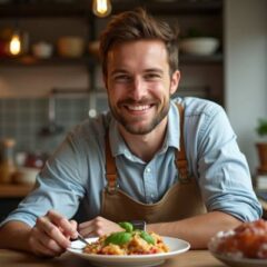Chef Enzo, an Italian-American cuisine expert from Eat Every Slice, smiling while enjoying a plate of homemade pasta garnished with fresh basil.