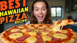 A cheerful woman holding a delicious Hawaiian pizza with a golden crust, melted cheese, smoky ham, and juicy pineapple chunks. The image features bold podcast branding, a microphone icon, and vibrant text highlighting the podcast episode about the best Hawaiian pizza recipe.