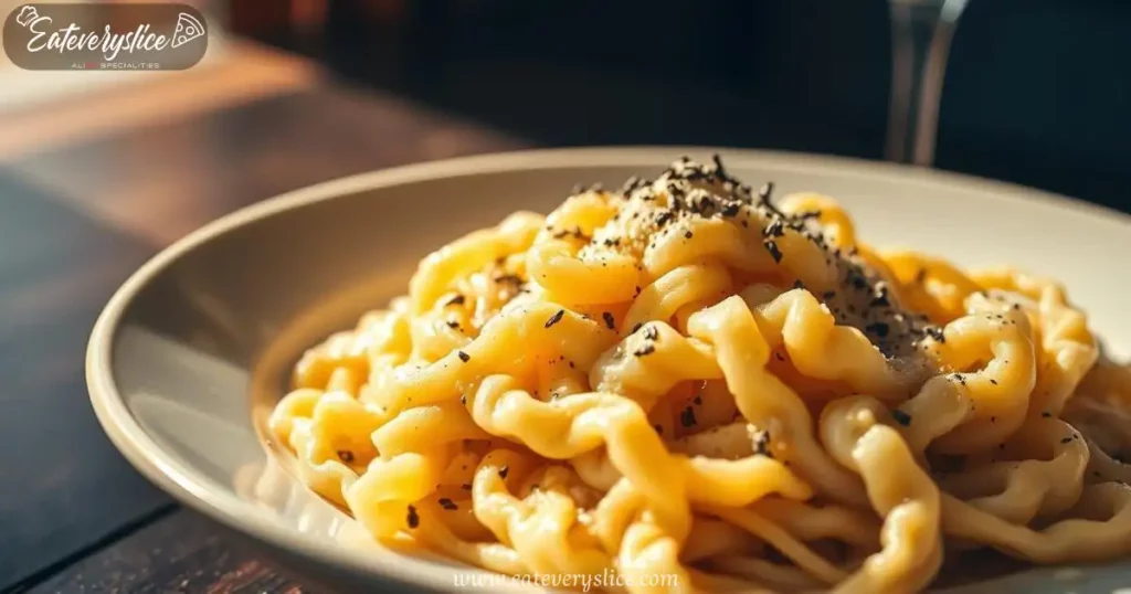 Close-up shot of freshly prepared Mafaldine Cacio e Pepe, showcasing narrow, ruffled pasta coated in a creamy Pecorino Romano cheese sauce with freshly cracked black pepper.