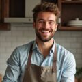 Zac, the creator of Eat Every Slice, smiling in a kitchen while wearing an apron, specializing in Italian-American recipes.