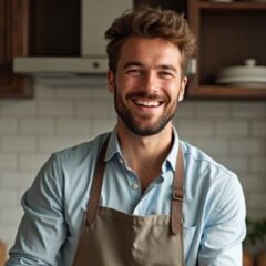 Zac, the creator of Eat Every Slice, smiling in a kitchen while wearing an apron, specializing in Italian-American recipes.