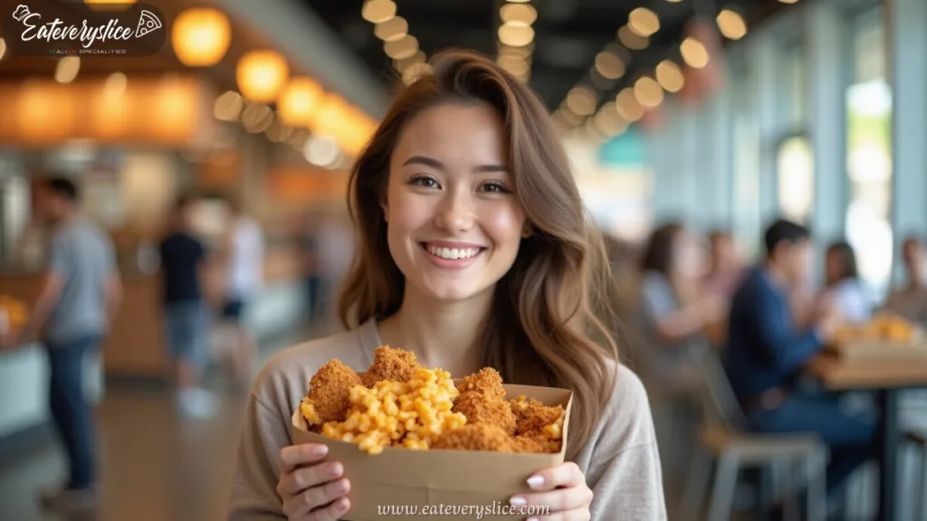 Young woman holding a Costco chicken bake calories in a food court setting