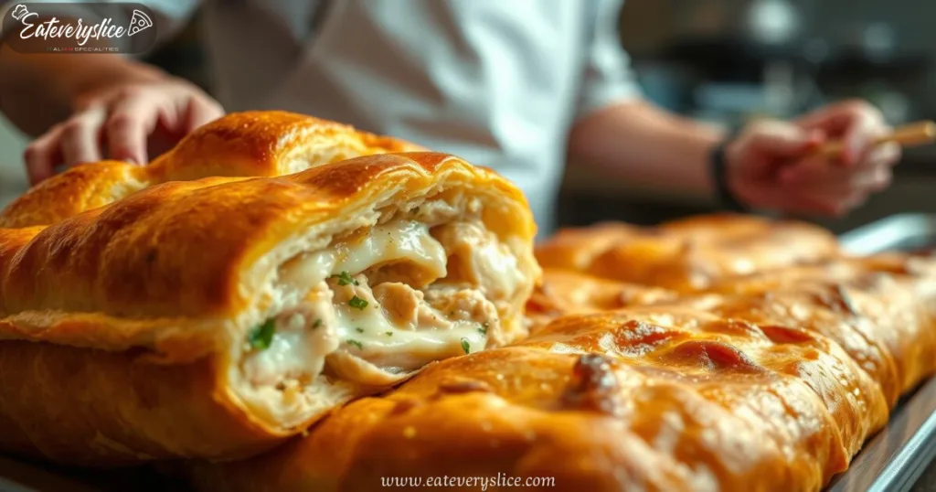 Costco Chicken Bake Close-Up Mouthwatering close-up of a steaming hot Costco Chicken Bake with flaky crust and savory filling