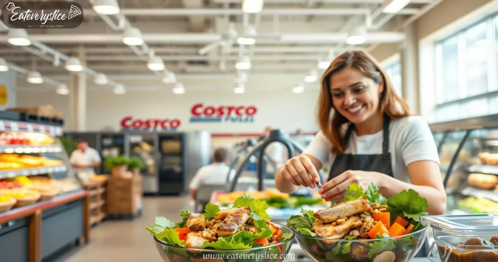 Smiling chef assembling fresh salad in Costco food court