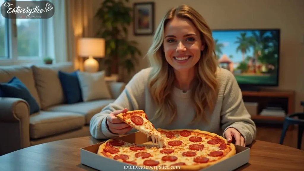 Young woman enjoying a Costco pizza sizes slice of 18-inch Costco pizza in cozy home setting