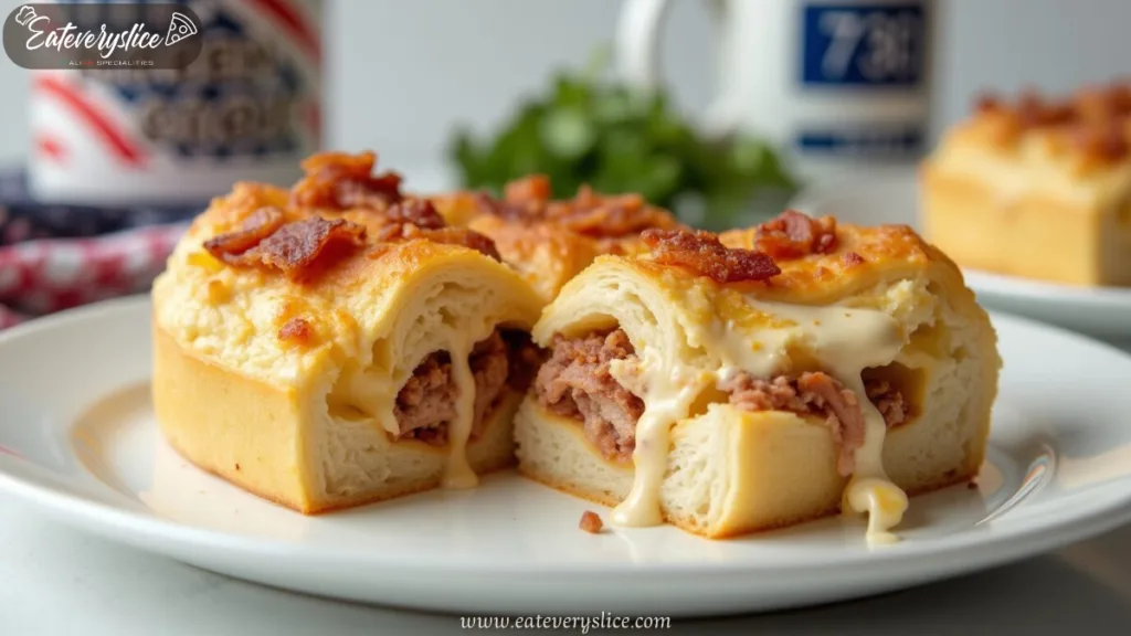 Close-up of sliced Costco chicken bake calories on white plate with juicy chicken, melted cheese, crispy bacon, and creamy Caesar dressing inside golden crust, 770 Calories displayed