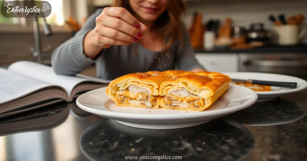 Woman preparing a golden-brown Costco Chicken Bake on a white plate