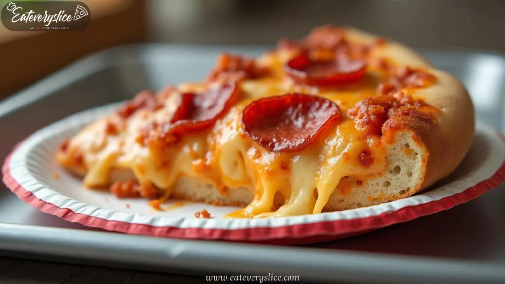 Mouthwatering close-up of hot cheesy slice of Costco pizza nutrition facts white plate