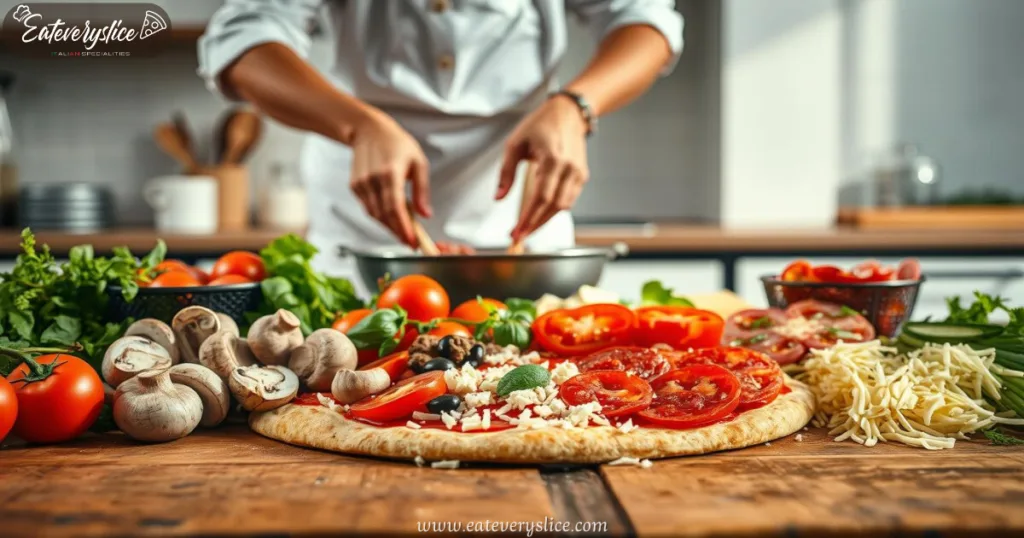 Fresh ingredients for Costco pizza on wooden surface