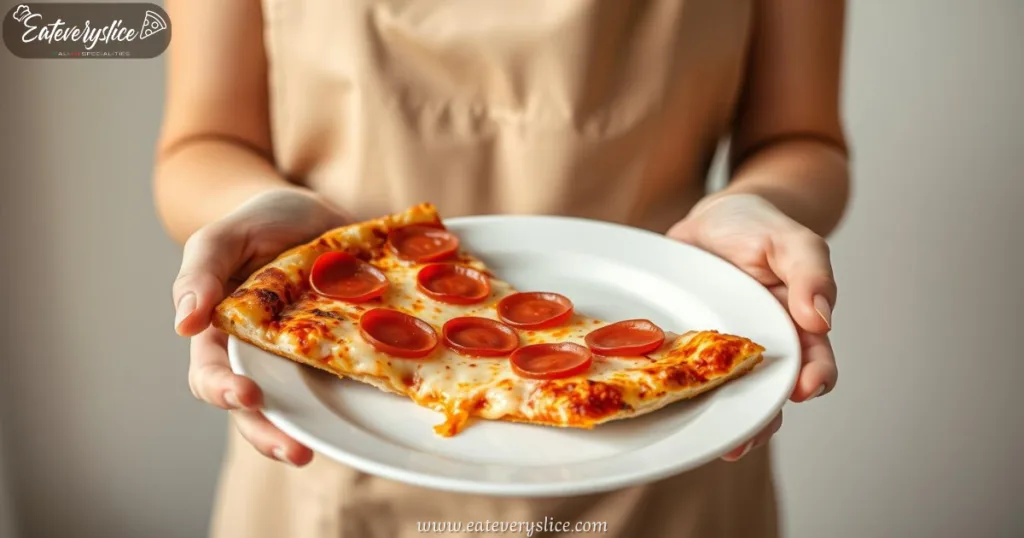 Freshly sliced Costco pepperoni pizza on white plate