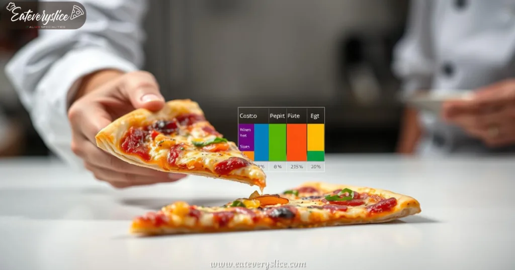 Close-up of Costco pizza slice with macronutrient breakdown