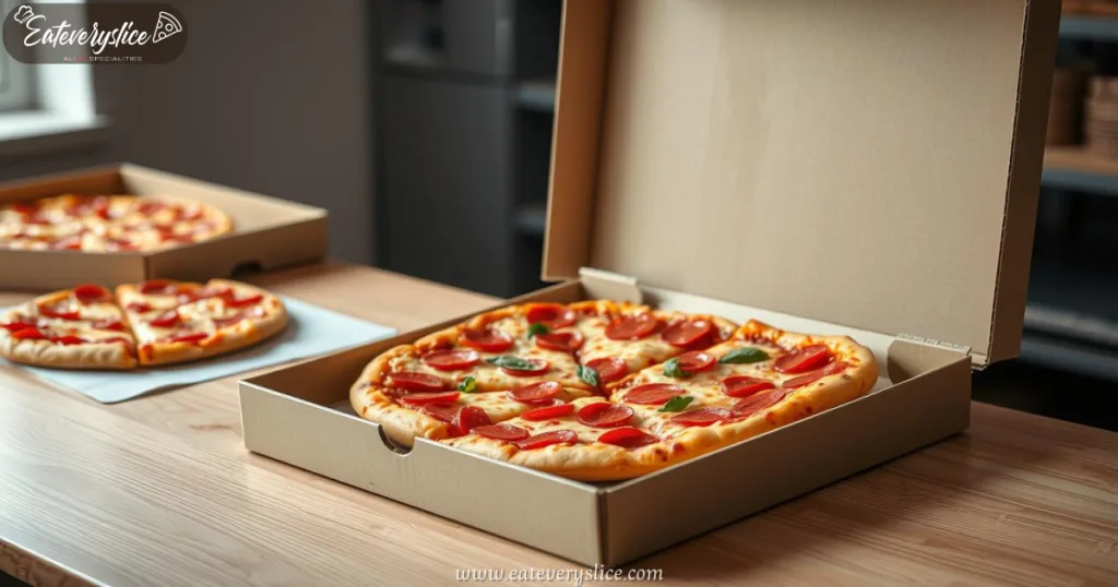 Two slices of Costco pepperoni pizza on a wooden table