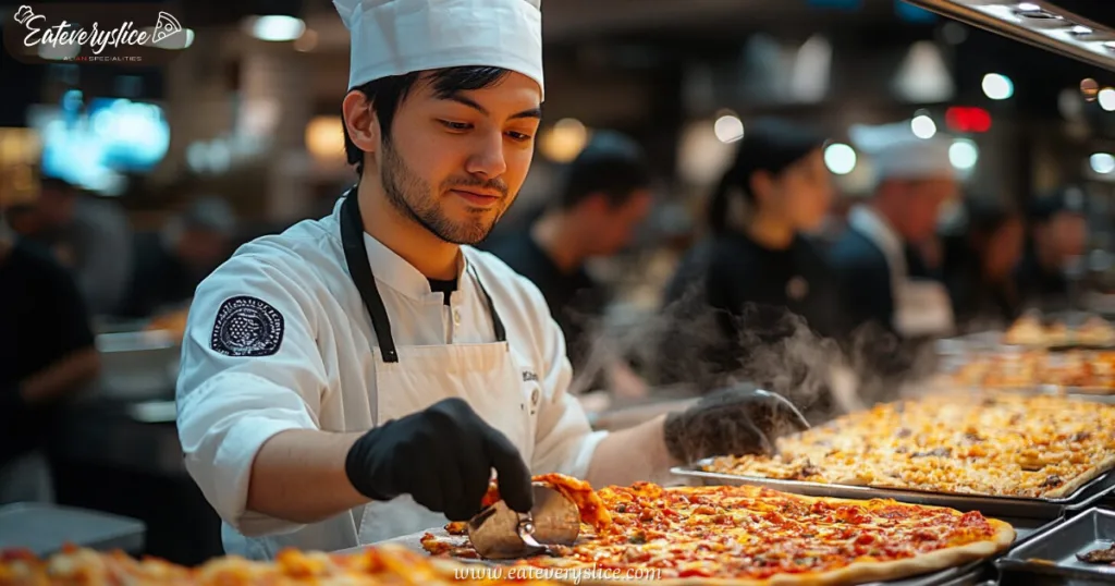 Costco Pizza Slices: What to Expect Per Pie Costco pizza chef slicing freshly baked pie in bustling food court