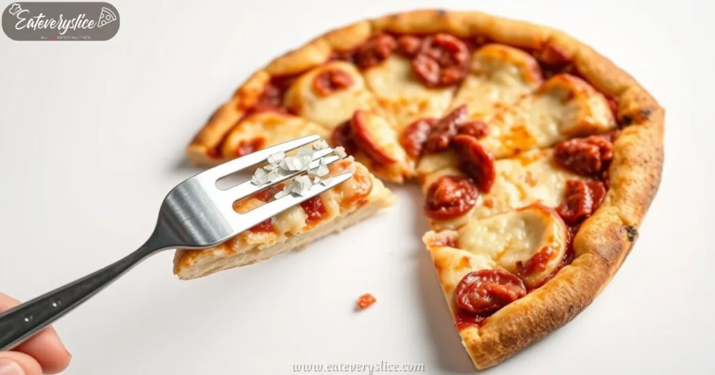 Close-up of dissected Costco pizza slice showing sodium levels