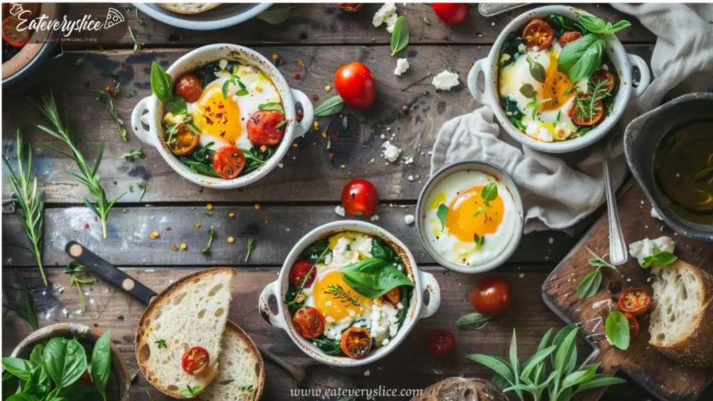 Baked feta eggs in a white ramekin with roasted cherry tomatoes, spinach, creamy feta cheese, and a golden runny yolk, served with crusty bread for a Mediterranean breakfast.