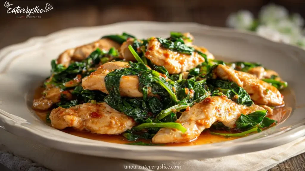 Tender Italian chicken breast with wilted spinach in garlic tomato sauce served on a rustic white plate