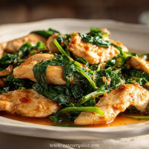 Tender Italian chicken breast with wilted spinach in garlic tomato sauce served on a rustic white plate