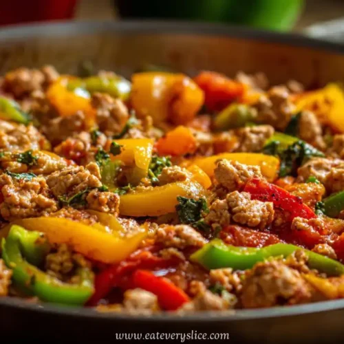 Italian ground turkey skillet cooked with colorful bell peppers, herbs, and spices in a rustic pan