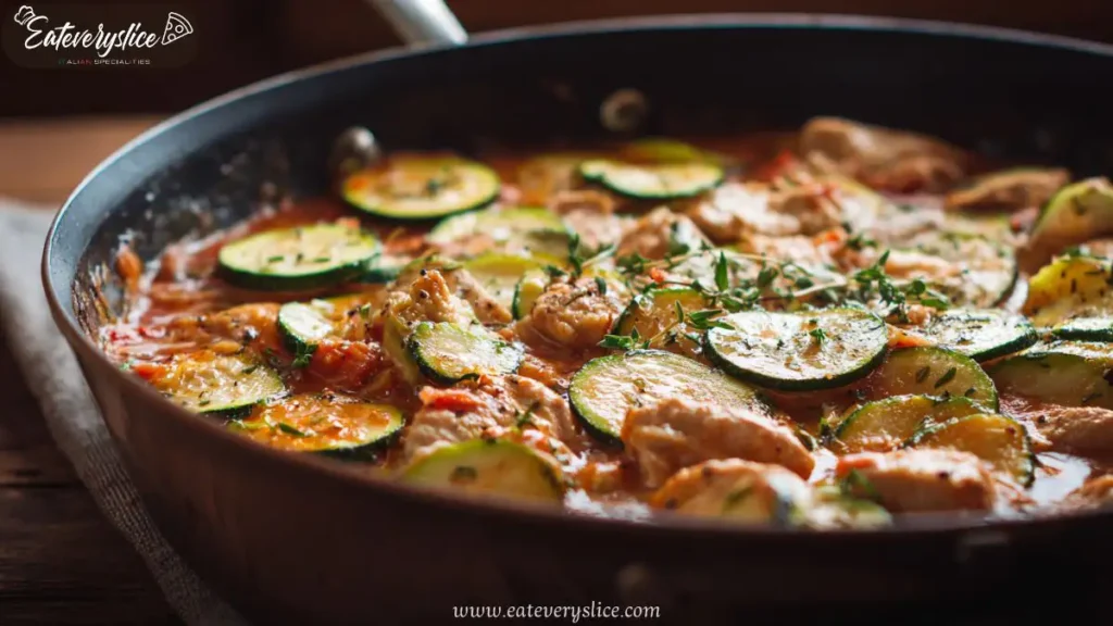 Italian turkey and zucchini skillet in tomato sauce, garnished with herbs in a rustic pan