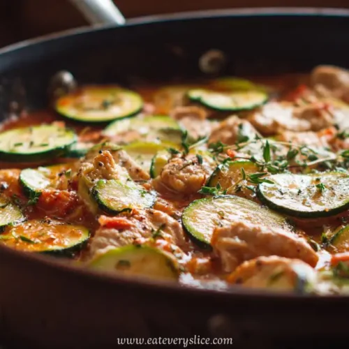 Italian turkey and zucchini skillet in tomato sauce, garnished with herbs in a rustic pan