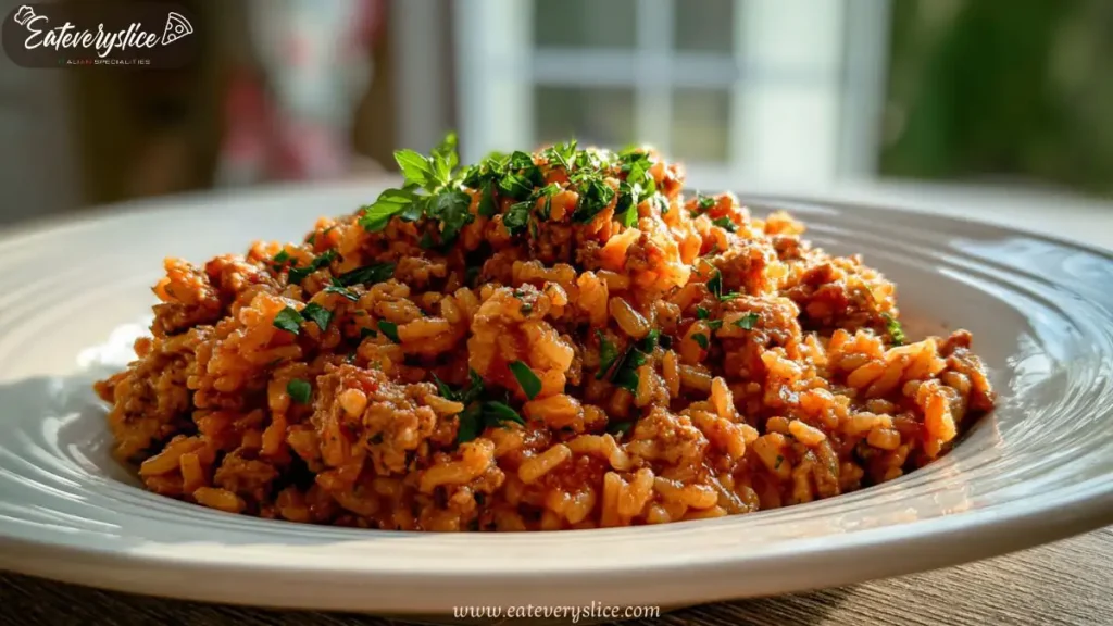 Close-up of savory turkey rice skillet topped with herbs, served on a white dish in natural light