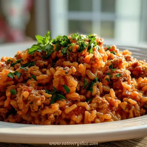 Close-up of savory turkey rice skillet topped with herbs, served on a white dish in natural light