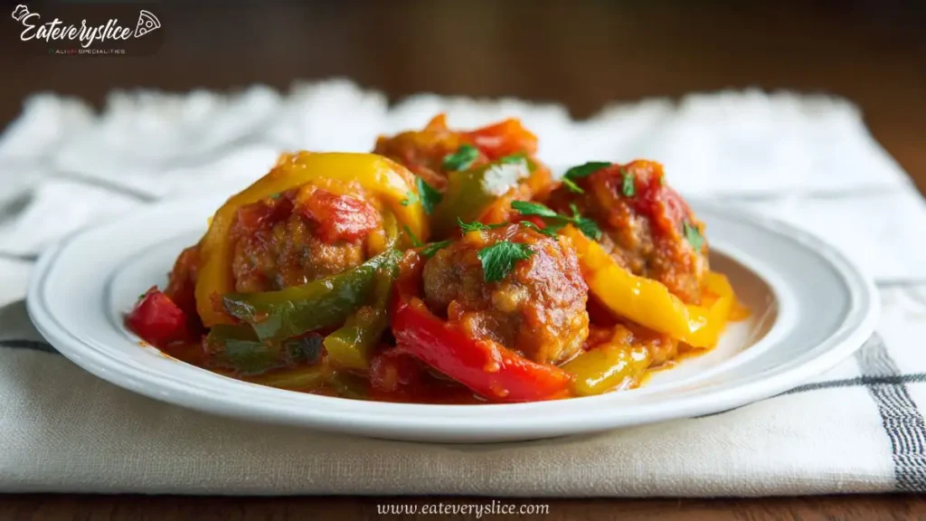 Juicy turkey meatballs with red, yellow, and green bell peppers in tomato sauce, plated on a white dish