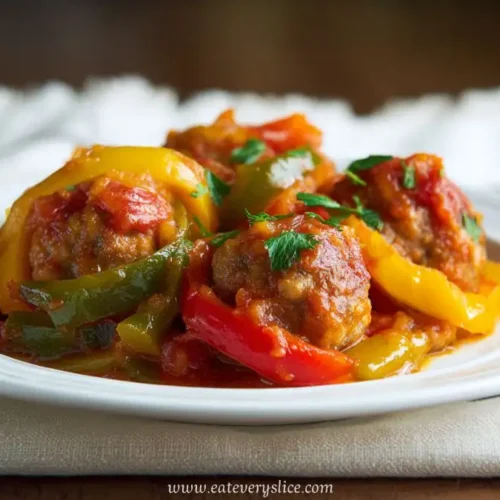 Juicy turkey meatballs with red, yellow, and green bell peppers in tomato sauce, plated on a white dish