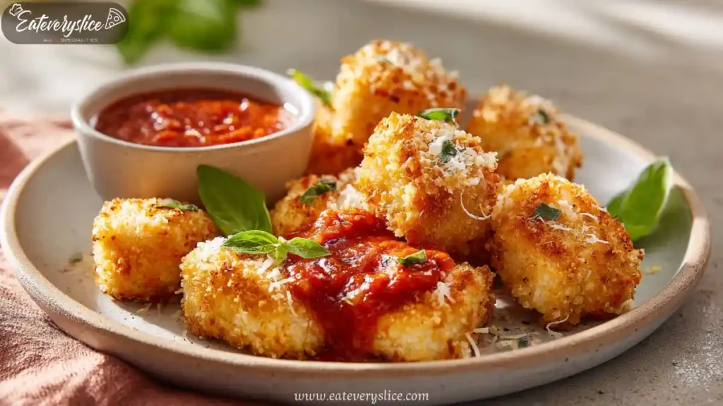 crispy air fryer chicken parmesan bites with marinara dipping sauce and fresh basil