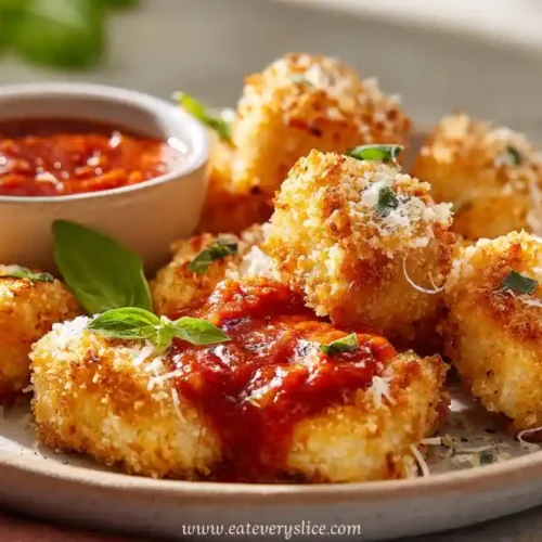 crispy air fryer chicken parmesan bites with marinara dipping sauce and fresh basil