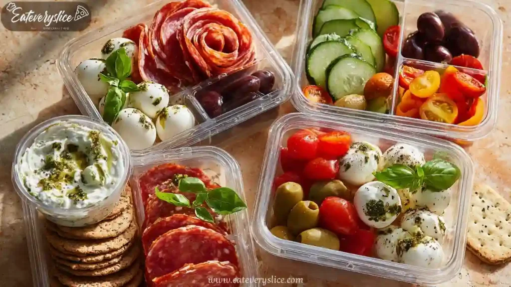 assorted antipasto snack boxes with salami, mozzarella, olives, cucumbers, cherry tomatoes, and herb dip