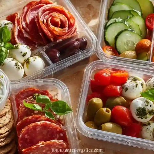 assorted antipasto snack boxes with salami, mozzarella, olives, cucumbers, cherry tomatoes, and herb dip