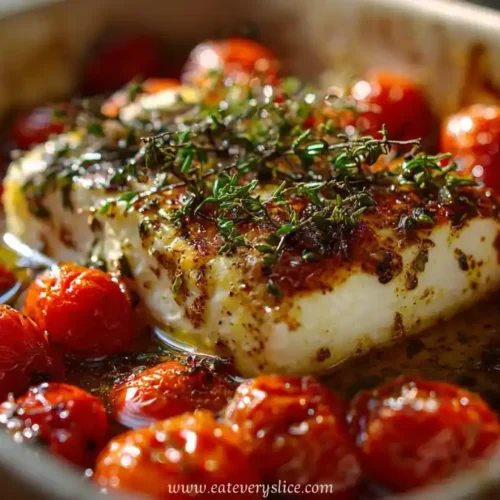 baked feta block with fresh thyme and cherry tomatoes in olive oil