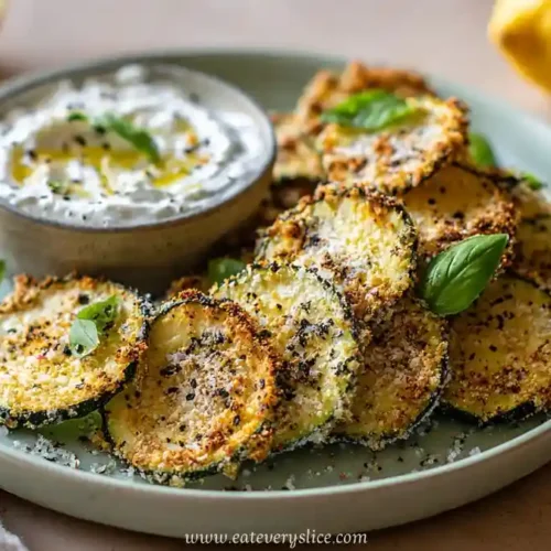 crispy baked zucchini chips with parmesan and basil served with creamy dip