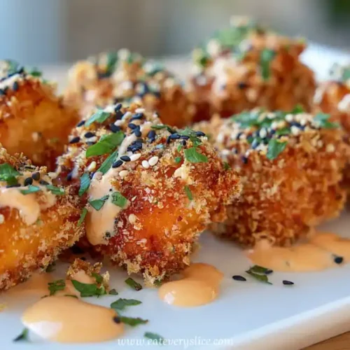 crispy bang bang salmon bites topped with sesame seeds, fresh herbs, and spicy mayo drizzle