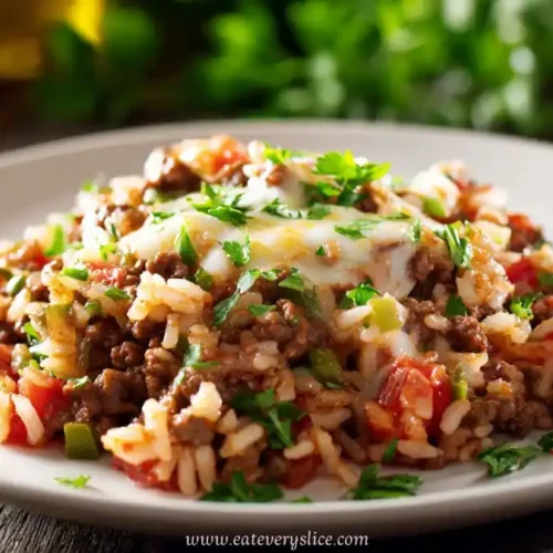 cheesy baked ground beef and rice casserole with tomatoes, herbs, and melted cheese