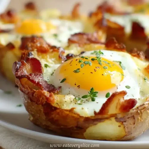 Twice-baked breakfast potato halves filled with egg, bacon, and herbs on a white plate