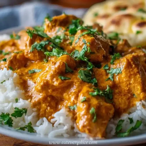creamy butter chicken served over basmati rice with fresh cilantro and naan bread