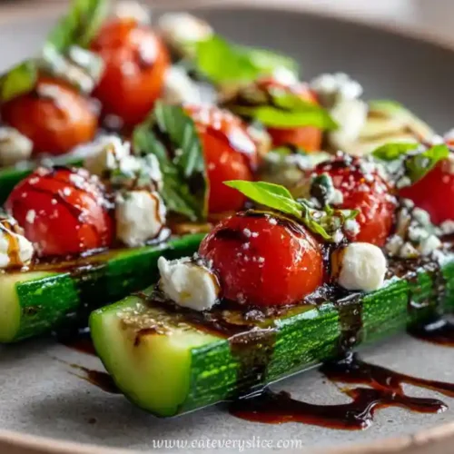 cucumber boats topped with cherry tomatoes, mozzarella, balsamic glaze, and fresh basil