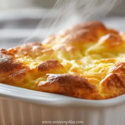 golden cheese puff bake steaming in a white ceramic dish