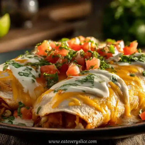 jalapeño popper cheesy chicken enchiladas topped with sour cream, tomatoes, cilantro, and melted cheese
